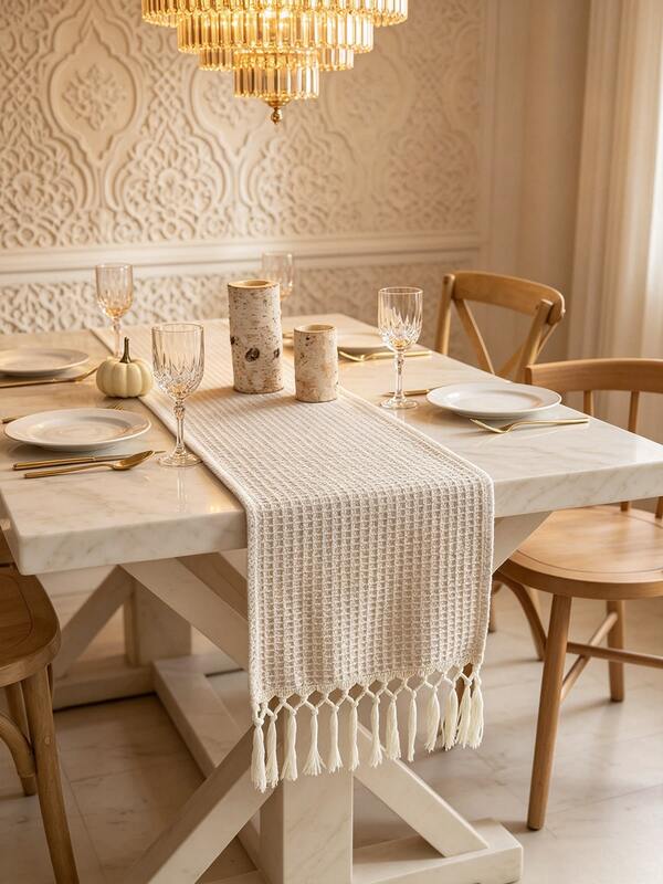 1pc Cream Waffle Textured Table Runner, Neutral Arabic Farmhouse Style Woven Rectangular Table Runner With Tassels, Elegant Dining Table Decor Cloth, Suitable For Middle Eastern Home, Ramadan Festival And Daily Home Use