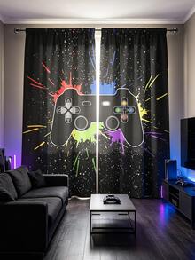 2pcs Gaming Style Curtains, Game Controller Pattern Print, Home Rod Pocket Bedroom Living Room Decor, Privacy Protection, 2D Flat Print, 160gsm - Multicolor - View 9
