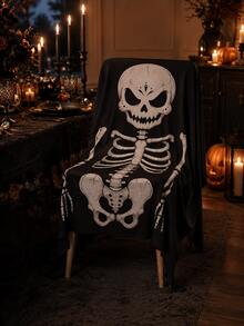 Halloween Skeleton Chair Decor Cover, Black Ghost Face Skeleton Print Dining Chair Back Cover, Gothic Horror Style Party Supplies, Suitable For Halloween Dinner, Haunted House Decoration, Family Gathering, Photo Backdrop And Indoor Holiday Decor - Black - View 8
