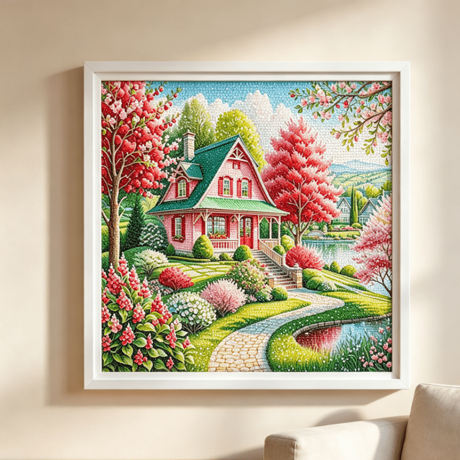 Frameless Spring Countryside Landscape Diamond Painting Set, Full Round Pink Country Cottage Lakeside Garden Mosaic Diamond Art, Colorful Floral Landscape Frameless Diamond Mosaic Wall Decor, Living Room Home Decoration Gift
