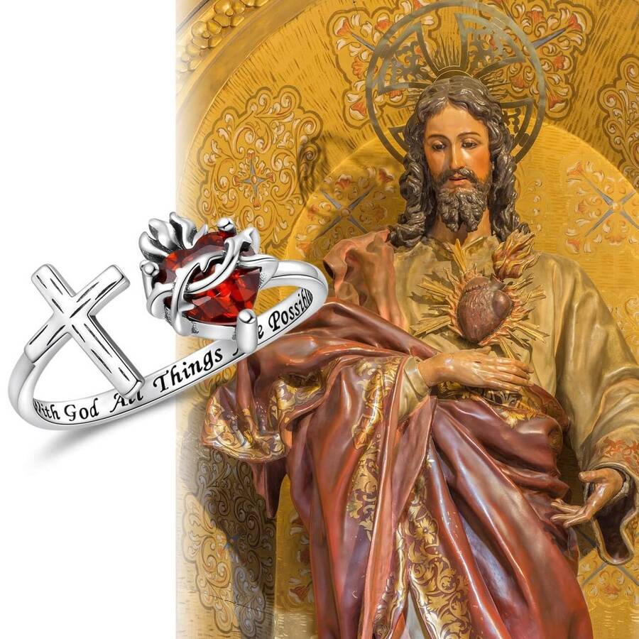 1pc Cross Crown Heart Open Adjustable Ring, Suitable For Women's Daily Decoration Wear - Antique Silver - View 1