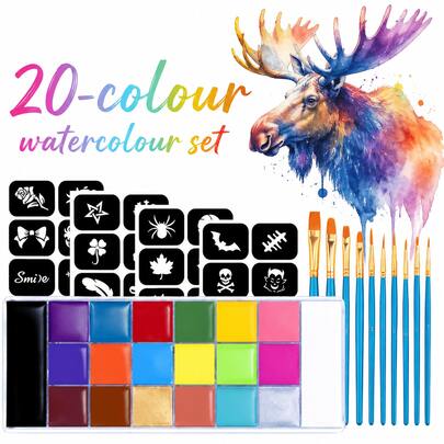 Set Cat Minyak 20 Warna, Pigmen Tinggi (Termasuk 10 Kuas Tahan Lama, Stensil, dan Botol Semprot) 2 Pilihan, Cocok untuk Ulang Tahun, Halloween, Natal, Musim Kembali ke Sekolah, Cat Cerah dengan Palet dan Kuas Tahan Lama