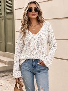Plus Size Multicolor Confetti Knit V-Neck Long Sleeve Sweater, Women, Medium Stretch, Regular Fit - Soft & Comfortable Versatile White Spring - White - View 1