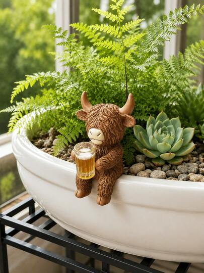 Highland Cow Pot Hugger Statue Wine Glass Plant Pot Hanging Decor Outdoor Yard Succulent Flower Pot Balcony Indoor Tabletop Windowsill Garden Greenery Layout Ornament