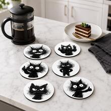 6pcs, Cat Pattern Printed Diatomaceous Earth Coasters, Absorbent Beverage Coasters, Coffee Cup Coasters, Mug Coasters, Tea Cup Coasters, Desk Protection Pads, Suitable For Dining Table, Coffee Table, Bar Counter And Office Desk Decoration - Multicolor - View 4