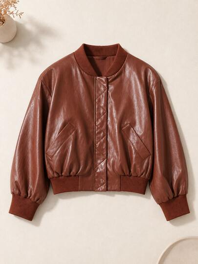 Autumn/Winter Solid Color Faux Leather Padded Shoulder Aviator Jacket