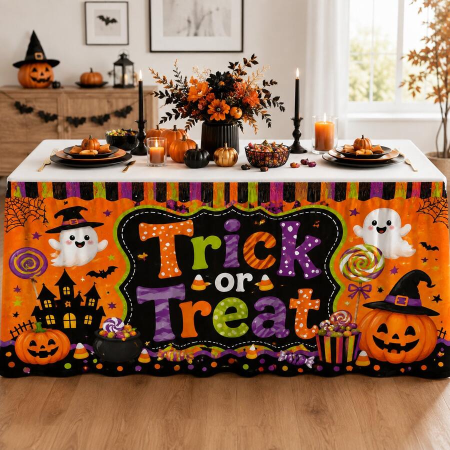 Trick Or Treat Halloween Table Skirt, Spooky Party Table Decor With Pumpkin Ghost Theme - Multicolor - View 1