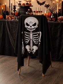 Halloween Skeleton Chair Decor Cover, Black Ghost Face Skeleton Print Dining Chair Back Cover, Gothic Horror Style Party Supplies, Suitable For Halloween Dinner, Haunted House Decoration, Family Gathering, Photo Backdrop And Indoor Holiday Decor - Black - View 5