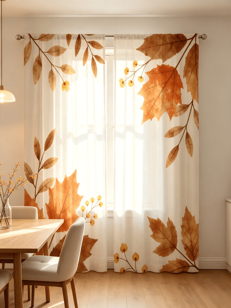 2PCS Autumn Berry Maple Leaf Print Sheer Curtains, Watercolor Maple Leaf Pattern Window Panels, Light Filtering Semi Sheer Curtains For Living Room Bedroom Fall Home Decor, Rod Pocket Window Drapes
