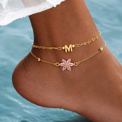 2Pcs/Set New Fashion Daisy Initial Golden Stainless Steel Bead Chain Anklet For Women