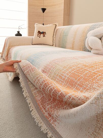 1pc Colorful Striped Chenille Sofa Cover, Pet-Friendly Anti-Scratch Sofa Slipcover, Machine Washable, Perfect For Pet Lovers, Living Room Bedroom Sofa Decor, Home Decor Item