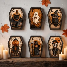 1/6pcs Vintage Coffin Shape Wooden Halloween Table Decor Black Cat Ghost Owl Skeleton Pumpkin Man Relief Plaque Farmhouse Wall Desktop Ornament For Halloween Party Home Shelf Decor Gift - Multicolor - View 6