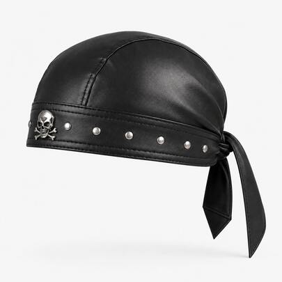 Icebanner WoMen's PU Leather Biker Skull Cap Gothic Punk Durag Hat With Silver Rivets Skull Crossbones Emblem Adjustable Tie Back For Motorcycle Cosplay Parties
