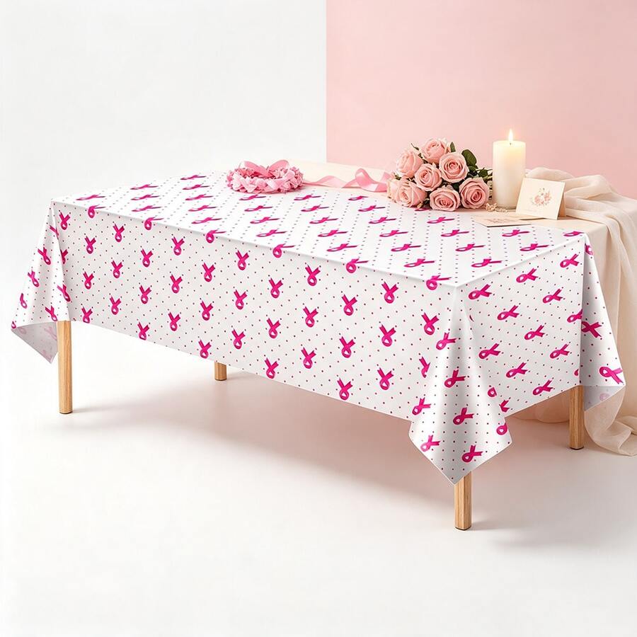 1/3件波點蝴蝶結一次性塑膠桌布 130x274cm 乳癌絲帶印花桌布 塑膠桌布 乳癌意識桌布 派對用品 適合粉紅絲帶乳癌派對裝飾 - 彩色 - 查看 1