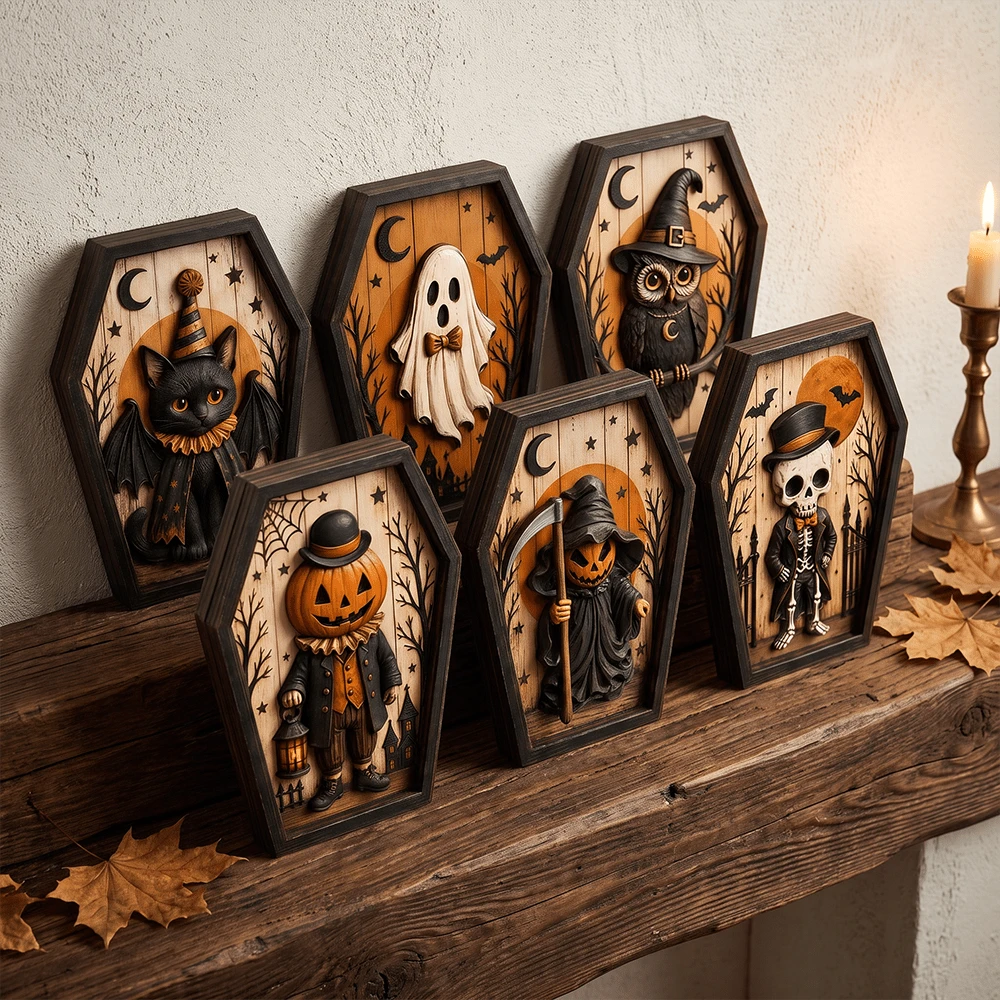 1/6pcs Vintage Coffin Shape Wooden Halloween Table Decor Black Cat Ghost Owl Skeleton Pumpkin Man Relief Plaque Farmhouse Wall Desktop Ornament For Halloween Party Home Shelf Decor Gift - Multicolor - View 1
