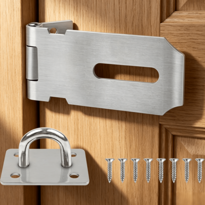4-Inch Metal Hasp Crafted From Stainless Steel, Complete With Matching Mounting Screws. Designed To Cooperate With Padlocks, Ideal Locking Fitting For Cabinets, Interior Doors And Storage Enclosures.
