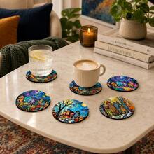 6pcs, Small Town Pattern Printed Diatomaceous Earth Coasters, Absorbent Drink Coasters, Coffee Cup Coasters, Mug Coasters, Tea Cup Coasters, Desktop Protection Pads, Suitable For Dining Table, Coffee Table, Bar Counter And Office Desk Decoration - Multicolor - View 3