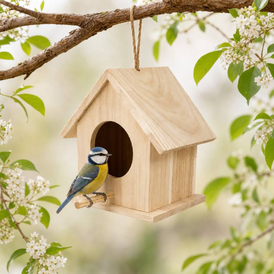 Wooden Light Wood House-Shaped Birdhouse, Hanging Bird House, Outdoor Bird House, Bird Nesting Box, Garden Birdhouse, Bird House For Outside, Bird Nest For Small Birds, Decorative Bird House For Garden, Yard, Patio, Balcony And Tree Hanging Decor - View 1