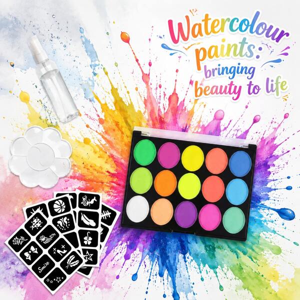 15-Color Watercolor Paint Set With Pearlescent And Fluorescent Options, Complete Tool Kit With Dual Brushes, Smooth Blending, Easy Application, Water-Washable, No Residue, Long-Lasting, Perfect For Halloween, Art Activities, Rainbow Painting, School Supplies, Back To School