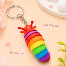 1pc Random Color Rainbow Caterpillar Keychain, Flexible Segmented Silicone Worm Pendant, Suitable For Keys, Backpacks, Handbags, Zipper Decoration And Daily Accessories - Multicolor - View 6