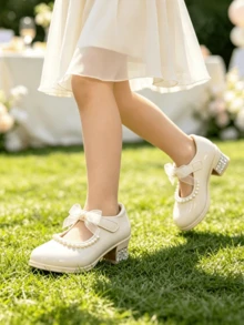 Big Girls' Cream White Patent Leather Mary Jane Shoes, Low Heel, Pearl Bow & Rhinestone Decor, Suitable For Wedding, Party, Pageant, Formal Dress Occasions - Beige - View 2