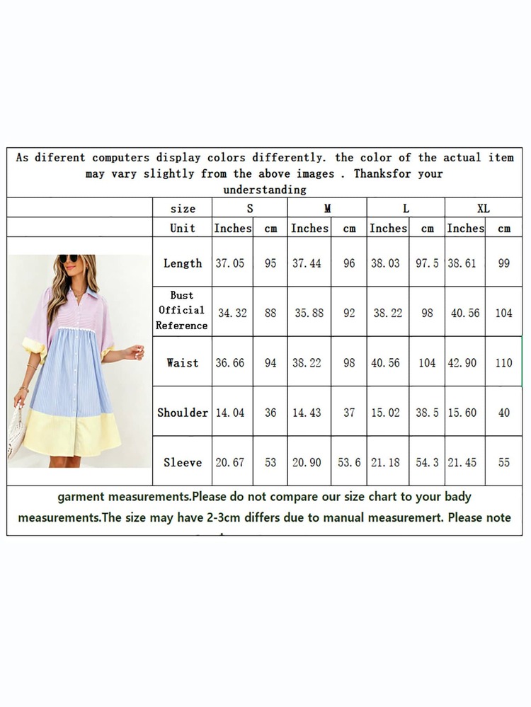 Gaun Kemeja Wanita Motif Garis-Garis Blok Warna dengan Hem Berkerut, Kancing Depan, Lengan Pendek Model Lentera, Gaun Elegan dan Manis, Serbaguna untuk Liburan dan Musim Panas - biru muda dan kuning - View 4