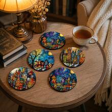 6pcs, Small Town Pattern Printed Diatomaceous Earth Coasters, Absorbent Drink Coasters, Coffee Cup Coasters, Mug Coasters, Tea Cup Coasters, Desktop Protection Pads, Suitable For Dining Table, Coffee Table, Bar Counter And Office Desk Decoration - Multicolor - View 7