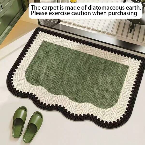 1pc Green, White & Black Wavy Edge Asymmetric Shape Bath Mat, Bathroom Rug, Door Mat, Small Carpet, Washable Carpet For Home Decor, Bedroom, Outdoor Use