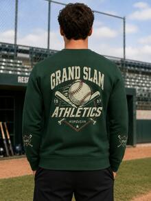 Men's Vintage Baseball Pattern Crew Neck Sweatshirt, GRAND SLAM ATHLETICS Printed Long Sleeve Pullover, Casual Retro Sportswear, Suitable For Daily Wear - Green - View 2