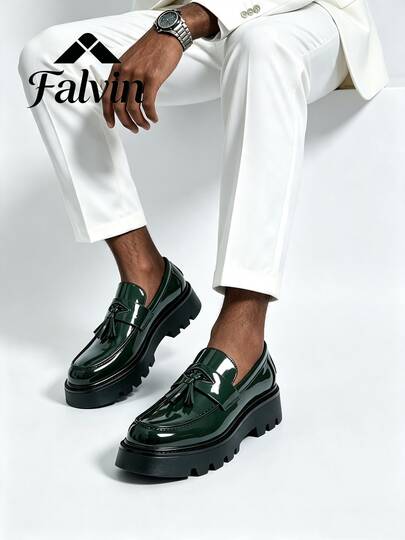 Men's Loafers Thick Sole Height-Increasing Dress Shoes, Made Of PU Leather And Tassel Decoration, Solid Color Low-Top Slip-On Casual Shoes, Suitable For British Style Daily Commute. These Dark Green Business Casual Shoes Are Suitable For Daily Outings, Office Commute, Wedding Banquets And Other Occasions, Can Be Worn All Year Round.