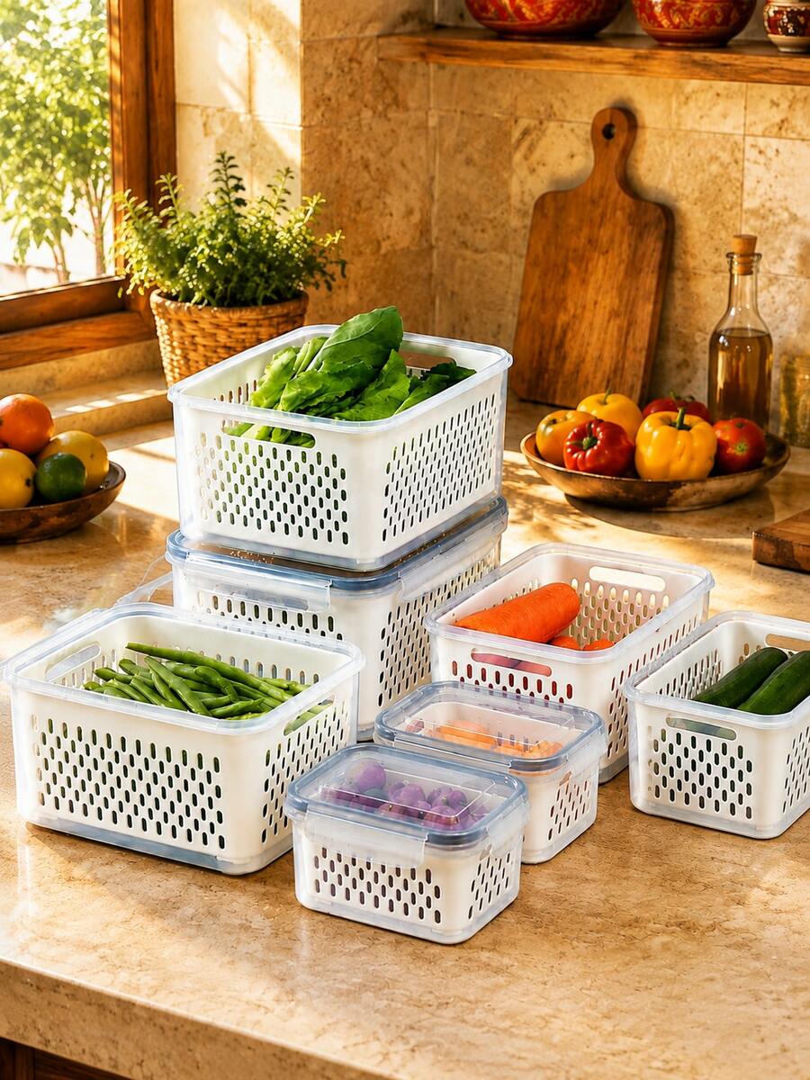 3/2/1 Pack Fruit Storage Containers For Fridge Set, Produce Containers For Fridge With Strainer, Plastic Reusable Fridge Organizers And Storage For Berry Salad Lettuce, Size 1.8, 0.9, 0.4QT