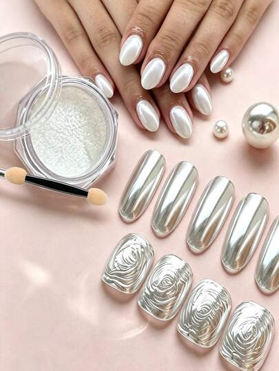 1 Box Cream White Pearl Mirror Nail Powder, Ultra-Fine Mirror Effect Nail Art Pigment Powder, With Sponge Applicator, Bright Silver Metallic Aurora Glitter Powder, Suitable For DIY Nail Art