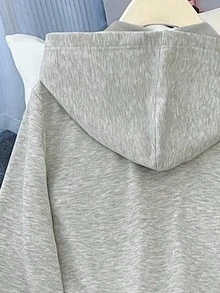 Teen Girl Knight Embroidery Zipper Front Kangaroo Pocket Hoodie And Pants Casual Set - Grey - View 5