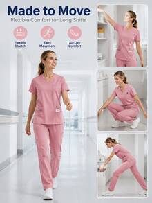 Women's Scrubs Set V-Neck Top And Cargo Pants 2 Piece Set Multi-Pocket Nursing Uniform For Dentist Vet Doctor Black - Pink - View 6