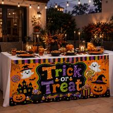 Trick Or Treat Halloween Table Skirt, Spooky Party Table Decor With Pumpkin Ghost Theme - Multicolor - View 3