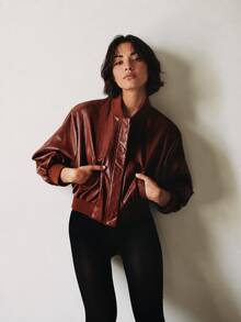 Autumn/Winter Solid Color Faux Leather Padded Shoulder Aviator Jacket - Burgundy - View 5