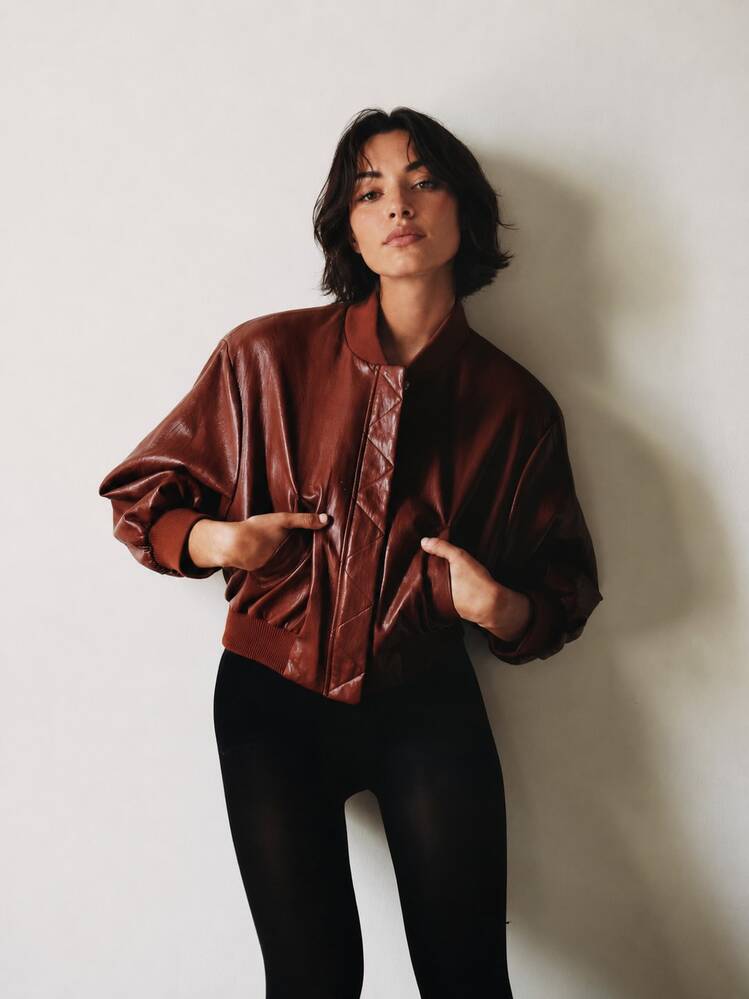 Autumn/Winter Solid Color Faux Leather Padded Shoulder Aviator Jacket - Burgundy - View 5