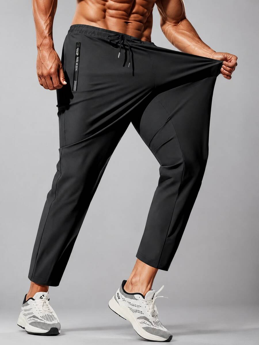 Men's Ice Silk High Elasticity Drawstring Sports Pants, Reflective Print, Suitable For Fitness, Running, Sports Or Casual Wear Black Fall - Black - View 1