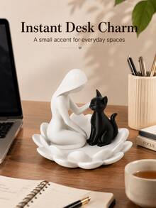 Human And Cat Statue, Modern Black And White 3D Printed Desktop Sculpture, Creative Cat Lover Decor, With Floral Base, Artistic Office Desk Ornament, Suitable For Living Room, Bedroom, Office, Bookshelf, Birthday, Anniversary And Housewarming Gift - Multicolor - View 4