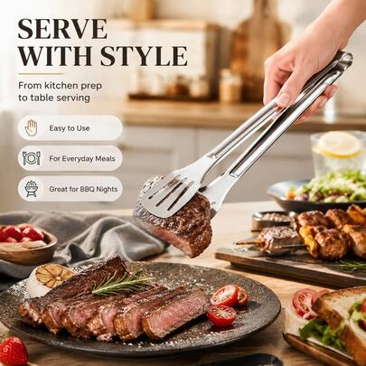 5pcs Silver Stainless Steel Serving Tongs, Wide Slotted Head Food Tongs For Easy Gripping & Draining, Bread, Steak, BBQ, Buffet & Home Cooking