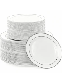 20/10pcs Silver Rim Party Plates, White Gold Border, Salad Plates, 10.25 Inch And 7.5 Inch Serving Trays, Suitable For Parties, Outdoor, Weddings, Restaurants - Silver - View 1