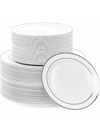 20/10pcs Silver Rim Party Plates, White Gold Border, Salad Plates, 10.25 Inch And 7.5 Inch Serving Trays, Suitable For Parties, Outdoor, Weddings, Restaurants