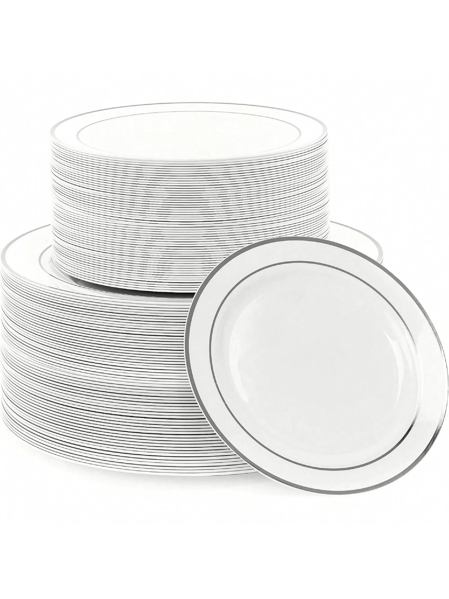 20/10pcs Silver Rim Party Plates, White Gold Border, Salad Plates, 10.25 Inch And 7.5 Inch Serving Trays, Suitable For Parties, Outdoor, Weddings, Restaurants - Silver - View 1
