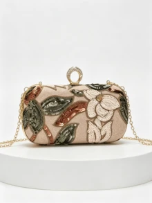 1pc Women's Fashion Retro Evening Bag, Multi-Color Leaf And Floral Pattern Patchwork Cross-Border Mini Square Box Purse, Suitable For Evening News, Party, Shopping, Birthday, Valentine's Day Gift, Random Pattern - Gold - View 2
