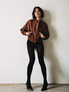 Autumn/Winter Solid Color Faux Leather Padded Shoulder Aviator Jacket - Burgundy - View 3
