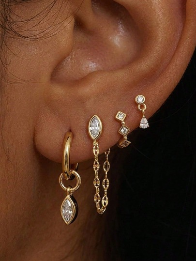 4pcs/Set Women's Earrings Set, Exquisite 14k Gold Plated Chain Earrings Set, Hypoallergenic Cute Small Huggie Hoop Earrings, Fashion Pendant Earrings, Summer Party Jewelry Set