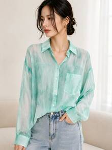 YUXIN 女款甜美紮染輕盈透視襯衫，寬鬆透氣長袖上衣，適合休閒外出與度假，春/夏 - 薄荷綠 - 查看 2