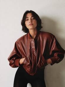 Autumn/Winter Solid Color Faux Leather Padded Shoulder Aviator Jacket - Burgundy - View 4