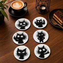 6pcs, Cat Pattern Printed Diatomaceous Earth Coasters, Absorbent Beverage Coasters, Coffee Cup Coasters, Mug Coasters, Tea Cup Coasters, Desk Protection Pads, Suitable For Dining Table, Coffee Table, Bar Counter And Office Desk Decoration - Multicolor - View 3