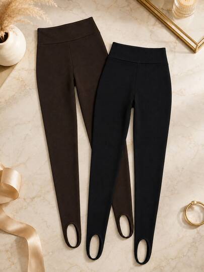 Kit 2 Calças Legging Feminina Suplex Flanelada Fuseau com Pezinho Cintura Alta